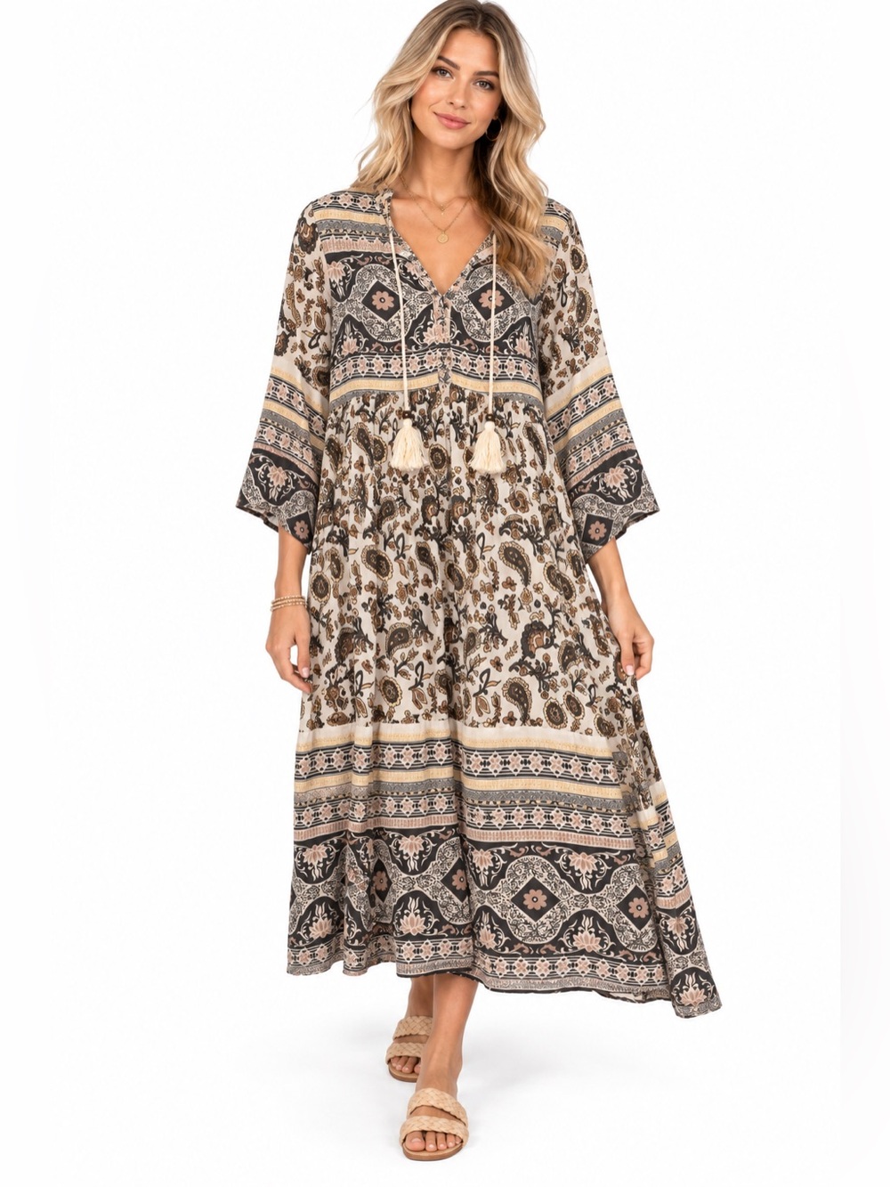 NWT For The Republic Size XS Boho Paisley Midi Dress in Beige and Black - Women